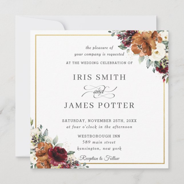 Burnt Orange Burgundy Ivory Floral Wedding Square Einladung (Vorderseite)
