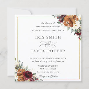 Burnt Orange Burgundy Ivory Floral Wedding Square Einladung