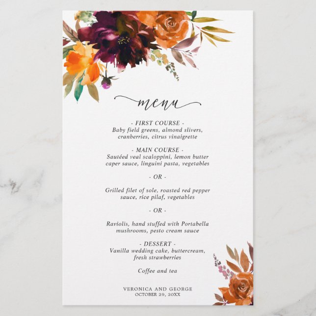Burnt Orange Burgundy Rustic Wedding Menu (Vorderseite)