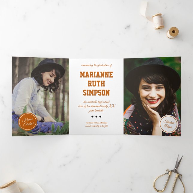 Burnt Orange Circles 5-Foto-Abschluss Dreifach Gefaltete Einladung (Innenseite)