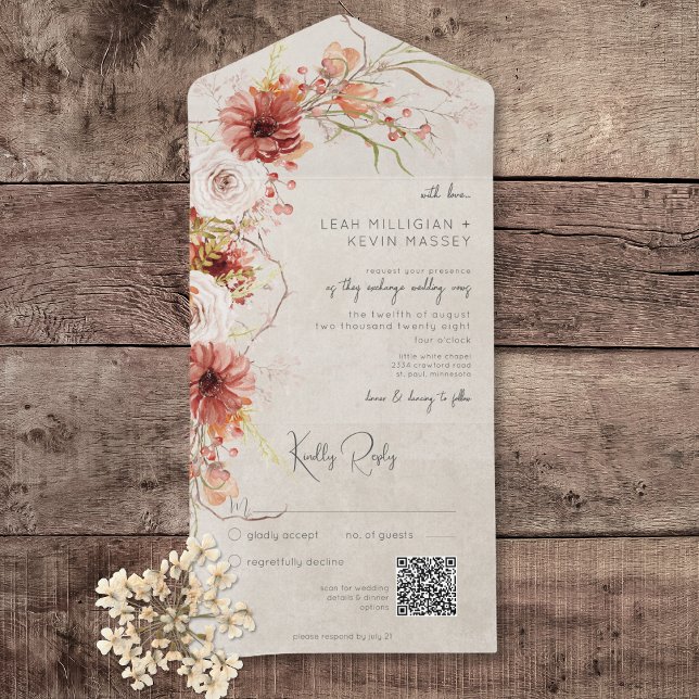 Burnt Orange & Cream Boho Floral QR Code All In One Einladung (Burnt Orange & Cream Boho Floral All In One Wedding Invitation with QR Code)