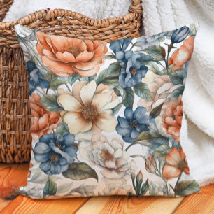 Burnt Orange Cream Dusty Blue Watercolor Floral Kissen