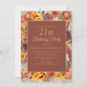 Burnt Orange Cream Rust Floral 21. Geburtstag Einladung