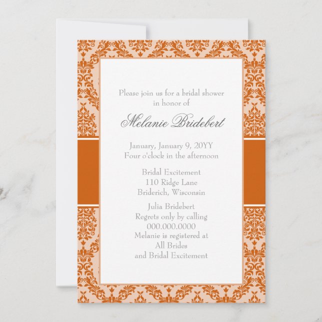 Burnt Orange Damask Bridal Dusche Einladung (Vorderseite)