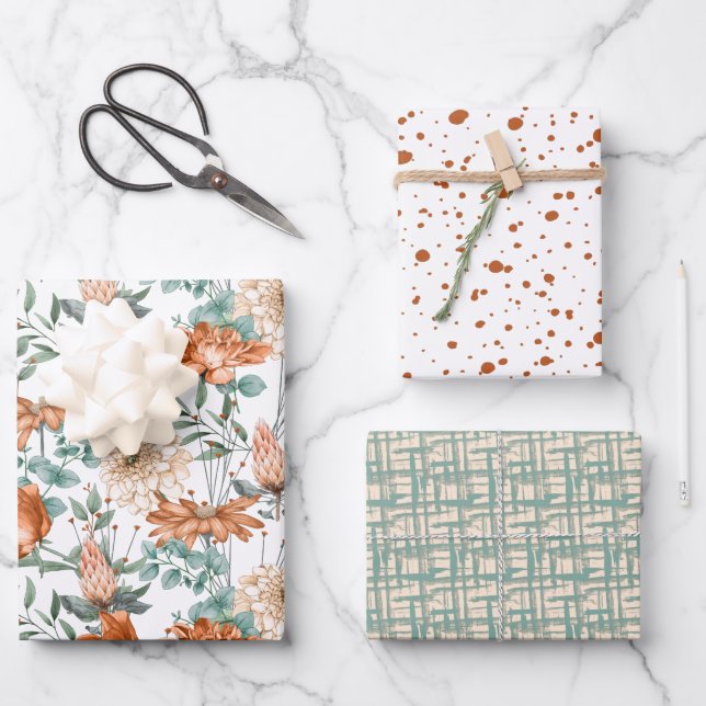 Burnt Orange Dots Blumengrün Muster Geschenkpapier Set (Vorderseite)