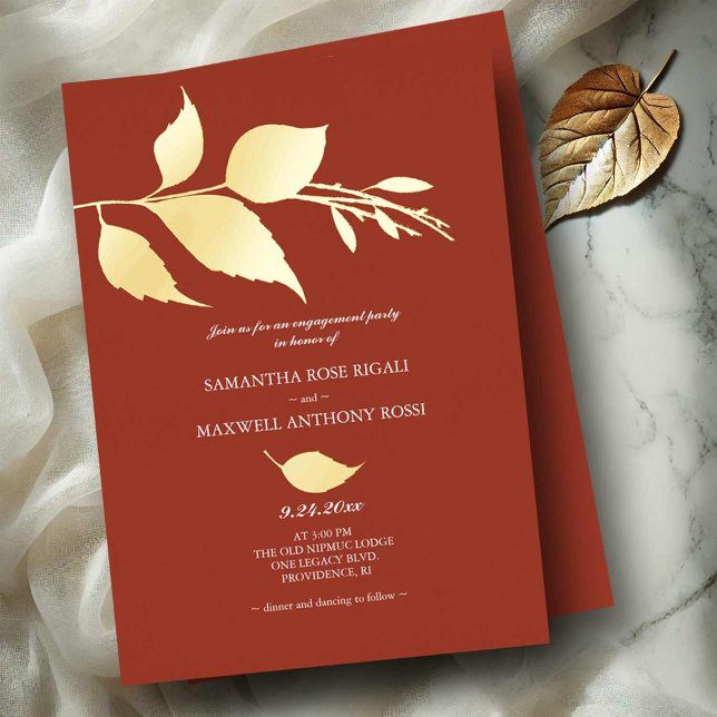 Burnt Orange Engagement Party Folieneinladung (Engagement party invitations orange with gold foil leaves)