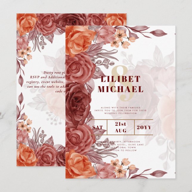Burnt Orange FALL Botanische WEDD Einladung (Vorne/Hinten)
