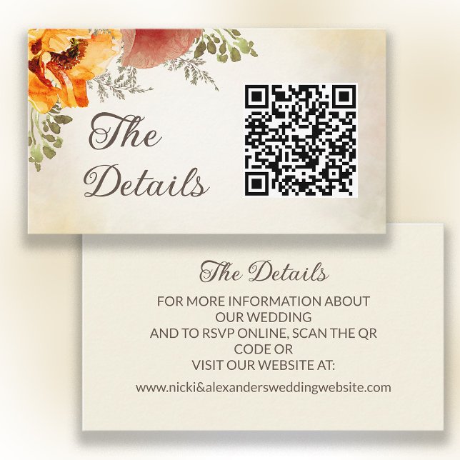 Burnt Orange Fall Floral Wedding Details QR Code Begleitkarte (QR Code wedding details card where your guests can RSVP or get more information about your wedding.)