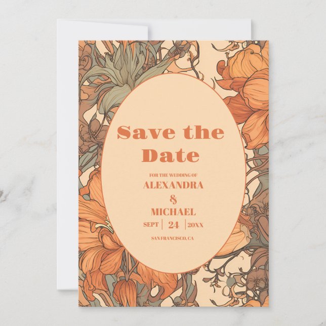 Burnt Orange Floral Art Nouveau Wedding Save The Date (Vorderseite)