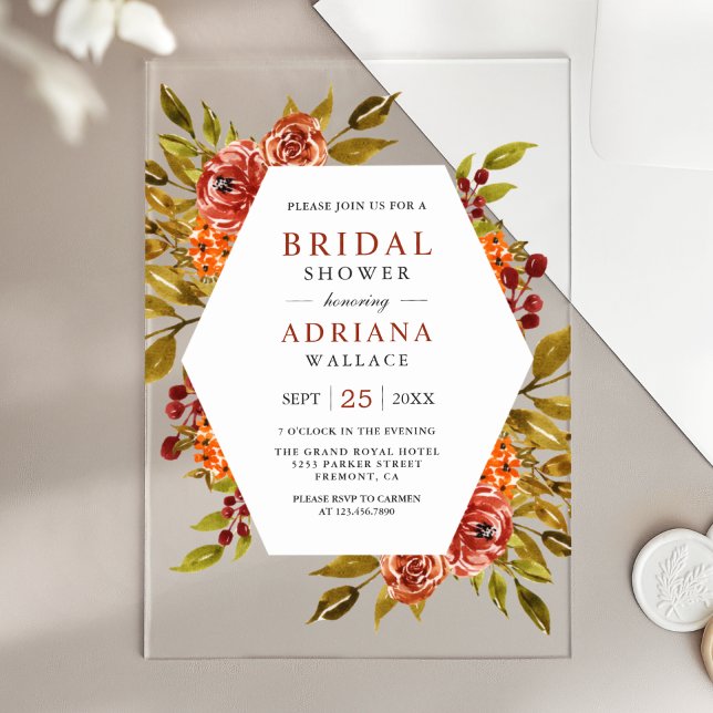 Burnt Orange Floral Autumn Fall Bridal Shower Acryleinladungen (Von Creator hochgeladen)