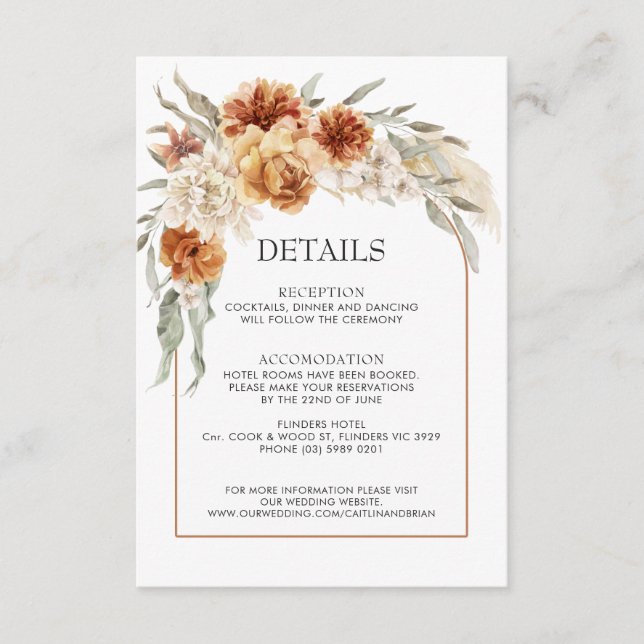 Burnt Orange Floral Boho Wedding Details Card Begleitkarte (Vorderseite)