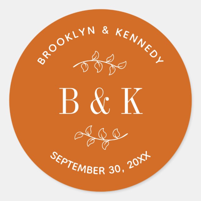 Burnt Orange Floral Botanical Wedple Name Runder Aufkleber (Vorderseite)