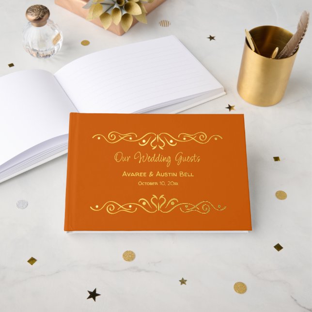 Burnt Orange Floral Gold Foil Wedding Gästebuch (Vorderseite Offen)