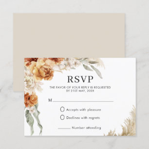 Burnt Orange Floral Pampas Boho Wedding RSVP Karte