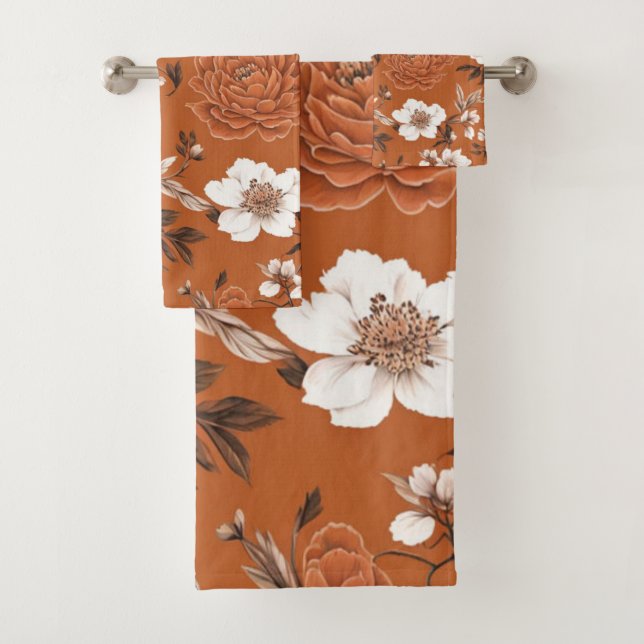 Burnt Orange Floral Pattern Badhandtuch Set (Insitu)