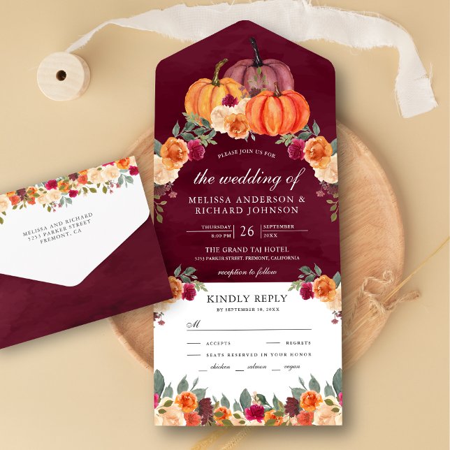 Burnt Orange Floral Pumpkin Burgundy Wedding All In One Einladung (Von Creator hochgeladen)