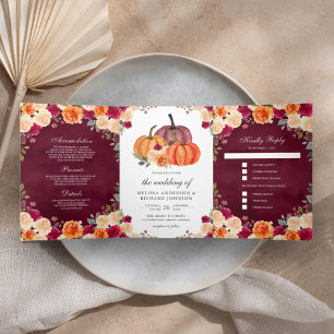 Burnt Orange Floral Pumpkin Burgundy Wedding Dreifach Gefaltete Einladung