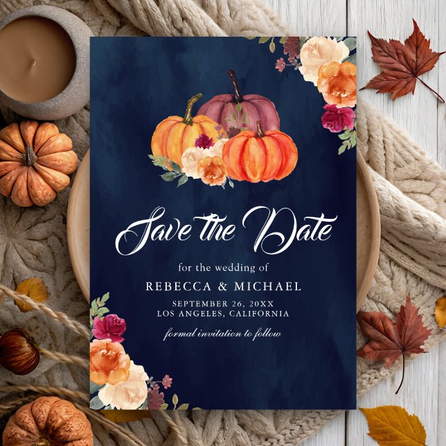 Burnt Orange Floral Pumpkin Navy Hochzeit Save The Date (Von Creator hochgeladen)