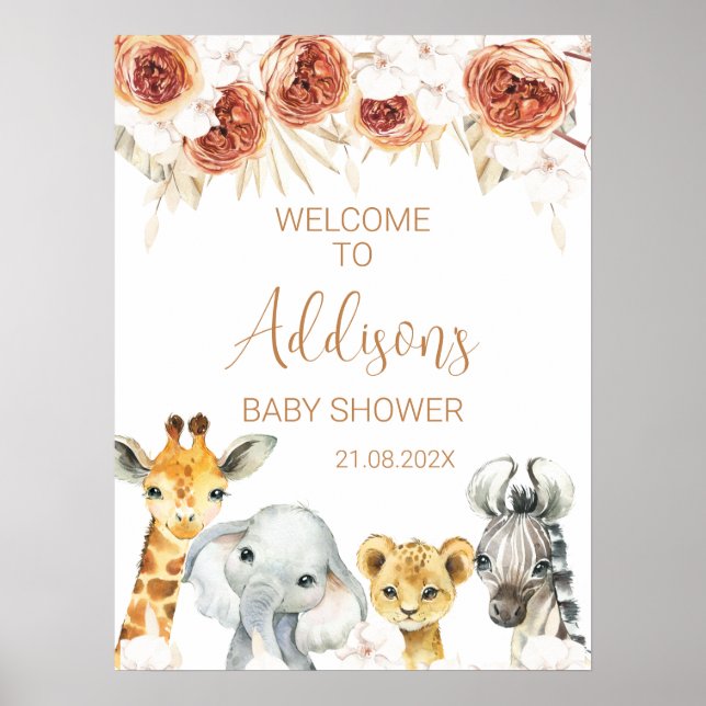 Burnt Orange Floral Safari Baby Dusche Willkommen Poster (Vorne)
