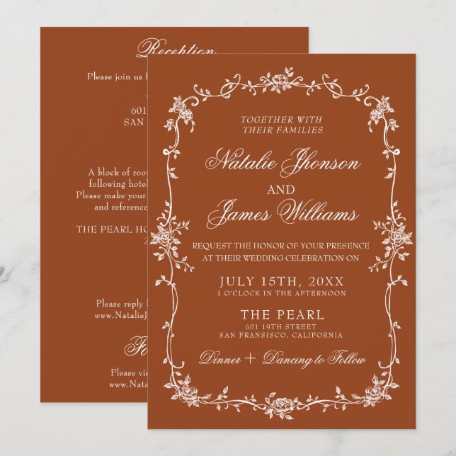 Burnt Orange Floral Terracotta All In One Wedding Einladung (Vorne/Hinten)
