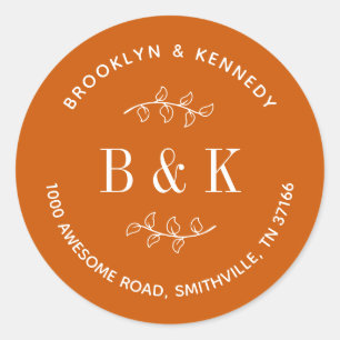 Burnt Orange Floral Wedding Couple Rücksendeadress Runder Aufkleber