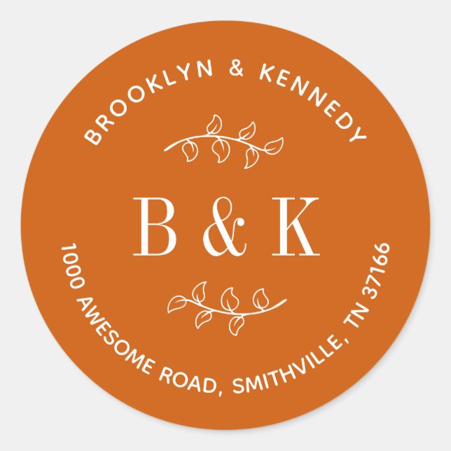 Burnt Orange Floral Wedding Couple Rücksendeadress Runder Aufkleber (Vorderseite)