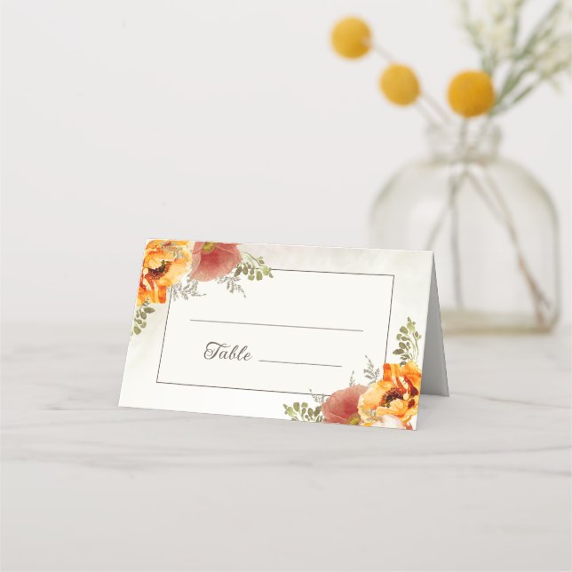 Burnt Orange Floral Wedding Reception Platzkarte (Vorderseite)