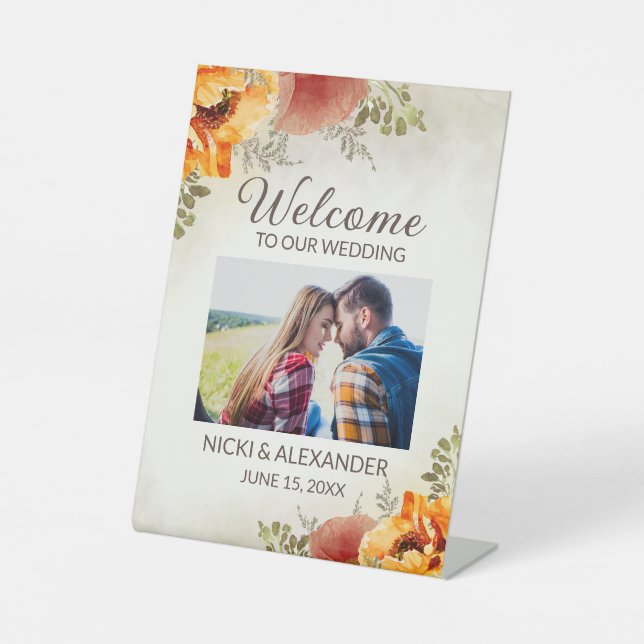 Burnt Orange Floral Wedding Welcome Foto Sockelschild (Vorderseite)