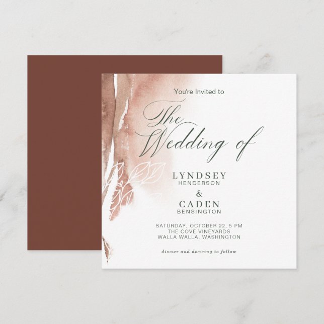 Burnt Orange Forest Green Watercolor Hochzeit Einladung (Vorne/Hinten)
