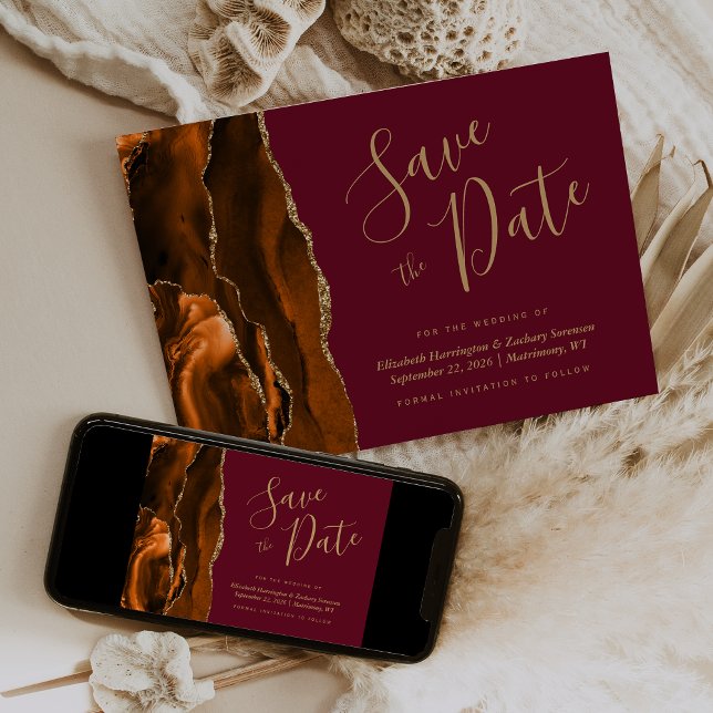 Burnt Orange Gold Agate Burgundy Save the Date Einladung (Von Creator hochgeladen)