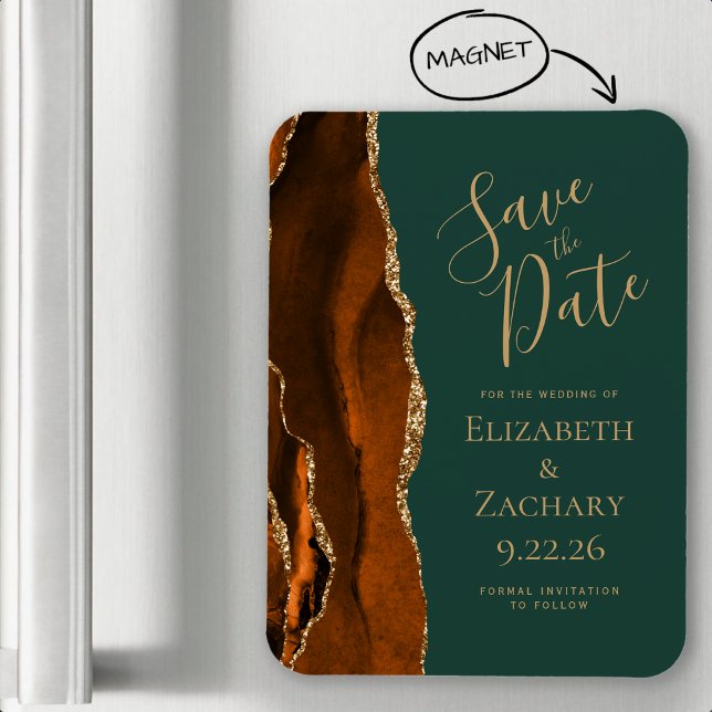 Burnt Orange Gold Agate Dark Green Save the Date Magnet (Von Creator hochgeladen)