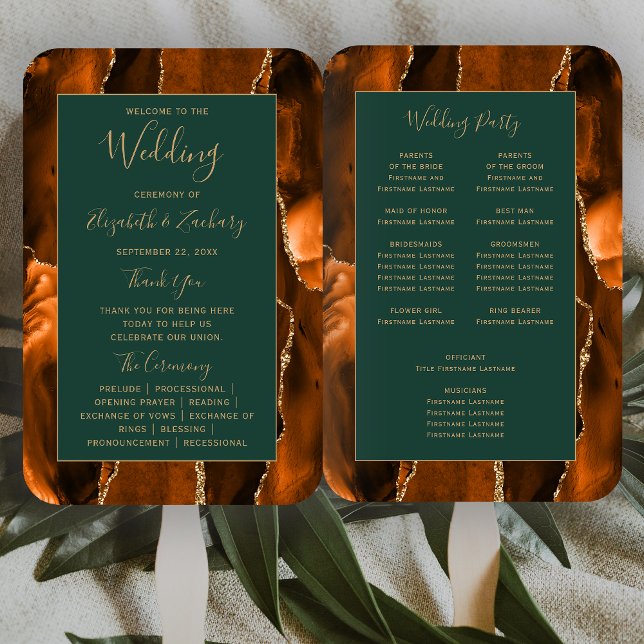 Burnt Orange Gold Agate Dark Green Wedding Program Fächer (Von Creator hochgeladen)