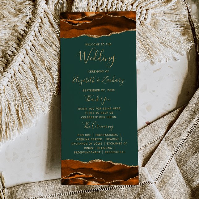 Burnt Orange Gold Agate Dark Green Wedding Programm (Von Creator hochgeladen)