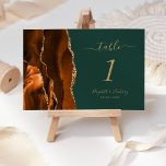 Burnt Orange Gold Agate Dark Green Wedding Tischnummer<br><div class="desc">Der links Rand dieser eleganten,  modernen Hochzeitskarte mit einer farbenfrohen,  orangefarbenen Tischnummer,  die mit einem vergoldeten Imitat-Glitzer bestickt ist. Der anpassbare Text kombiniert goldfarbene Handschriften mit kursiven und kopperplate-Schriftart auf dunkelgrünem Hintergrund.</div>