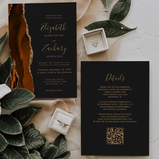 Burnt Orange Gold Agate Dark QR Code Wedding Einladung (Von Creator hochgeladen)