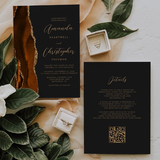 Burnt Orange Gold Agate Dark QR Code Wedding Einladung (Von Creator hochgeladen)