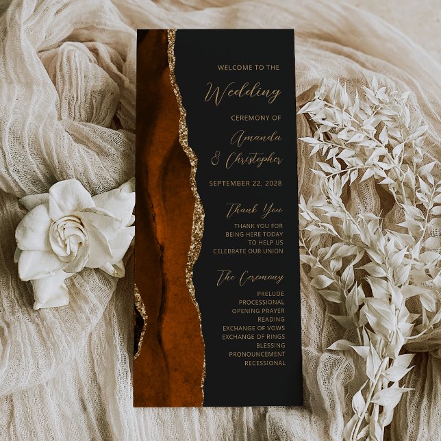 Burnt Orange Gold Agate Dark Wedding Program (Von Creator hochgeladen)