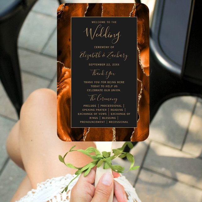Burnt Orange Gold Agate Dark Wedding Program Fächer (Von Creator hochgeladen)
