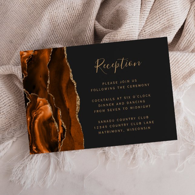 Burnt Orange Gold Agate Dark Wedding Reception Begleitkarte (Von Creator hochgeladen)