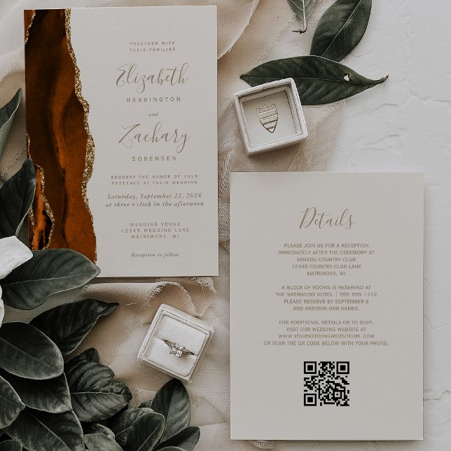 Burnt Orange Gold Agate Ivory QR Code Hochzeit Einladung (Von Creator hochgeladen)