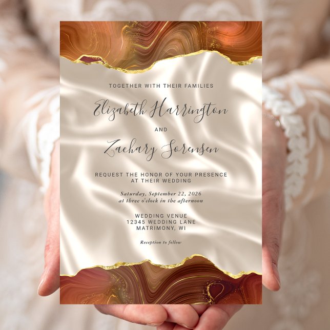 Burnt Orange Gold Agate Ivory Silk Wedding Einladung (Von Creator hochgeladen)