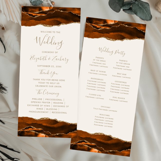 Burnt Orange Gold Agate Ivory Wedding Programm (Von Creator hochgeladen)