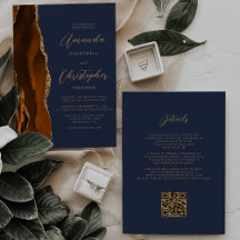 Burnt Orange Gold Agate Navy Blue QR Code Hochzeit