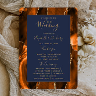 Burnt Orange Gold Agate Navy Blue Wedding Program Mitteilungskarte