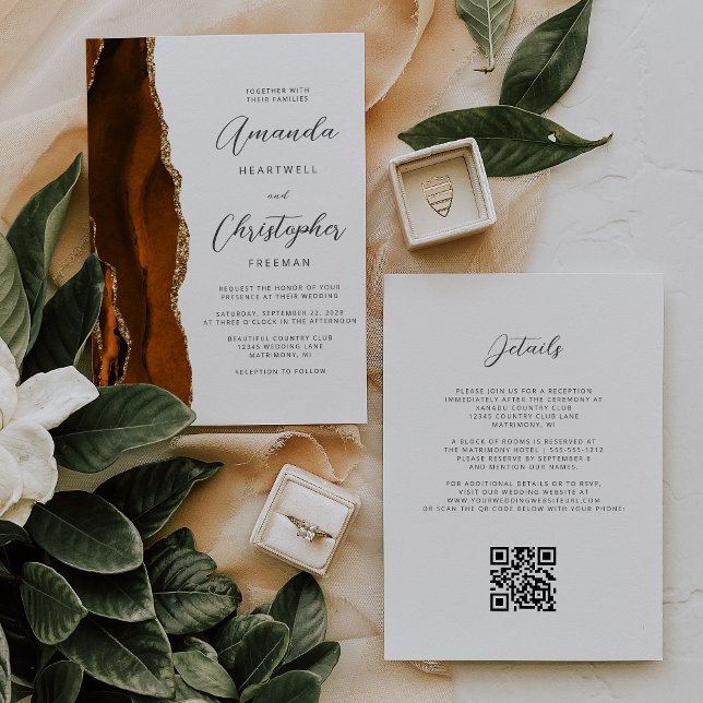 Burnt Orange Gold Agate QR Code Wedding Einladung (Von Creator hochgeladen)
