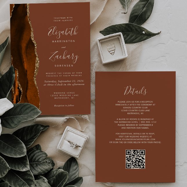 Burnt Orange Gold Agate Rust QR Code Hochzeit Einladung (Von Creator hochgeladen)