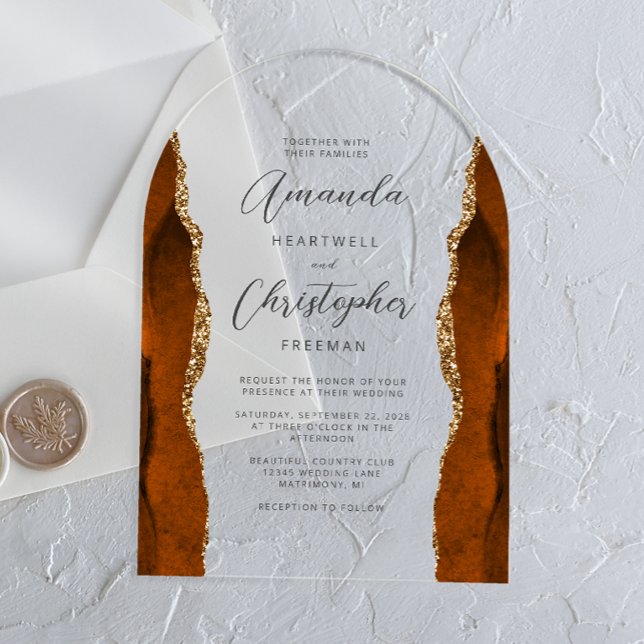 Burnt Orange Gold Agate Script Arch Wedding Acryleinladungen (Von Creator hochgeladen)