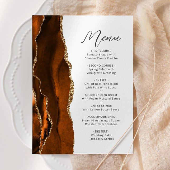 Burnt Orange Gold Agate Script Wedding Menükarte (Von Creator hochgeladen)