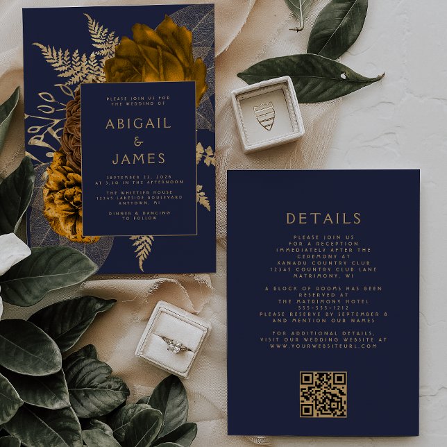 Burnt Orange Gold Floral Navy Blue QR Code Hochzei Einladung (Von Creator hochgeladen)
