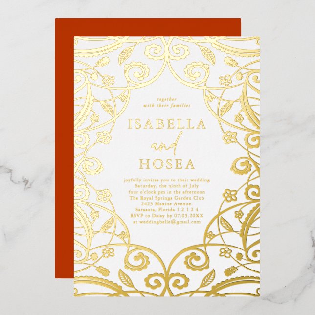 Burnt Orange Gold Foil Floral Lace Wedding Folieneinladung (Vorderseite/Rückseite)